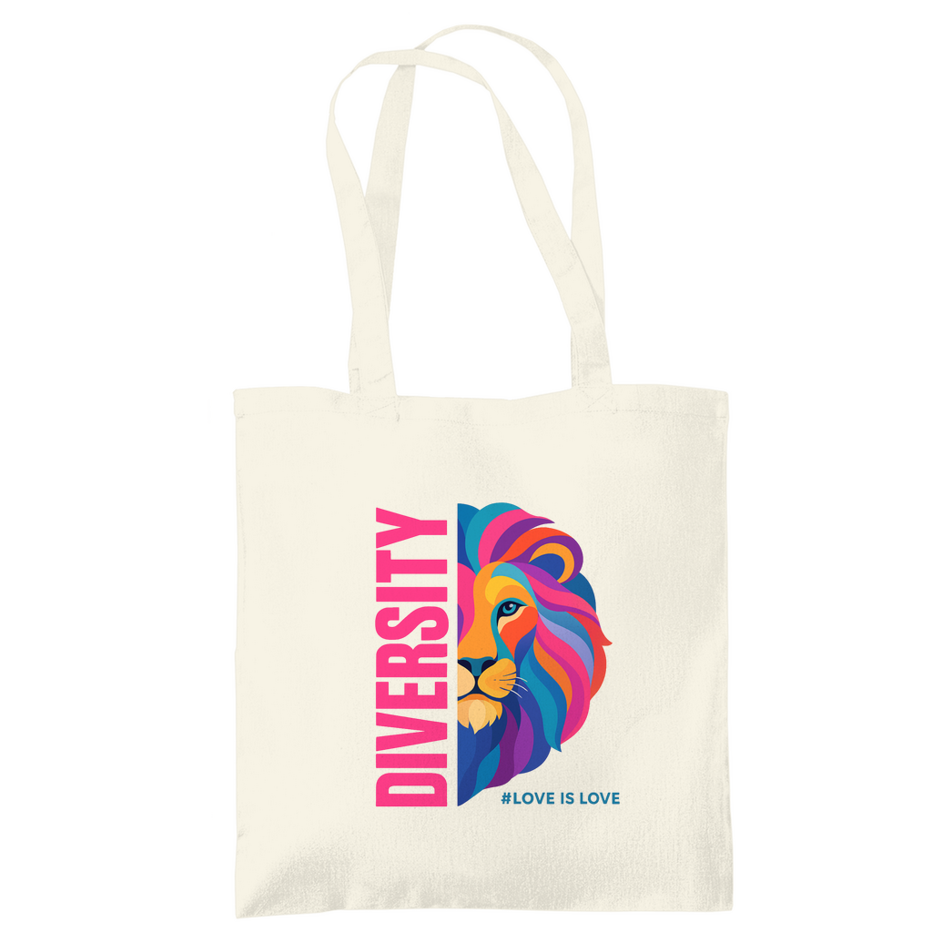 Jutebeutel mit Aufdruck DIVERSITY und Bild LION in knalligen Farben