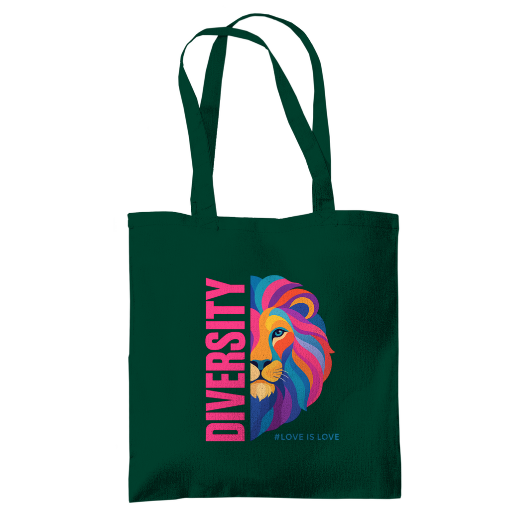 Jutebeutel mit Aufdruck DIVERSITY und Bild LION in knalligen Farben