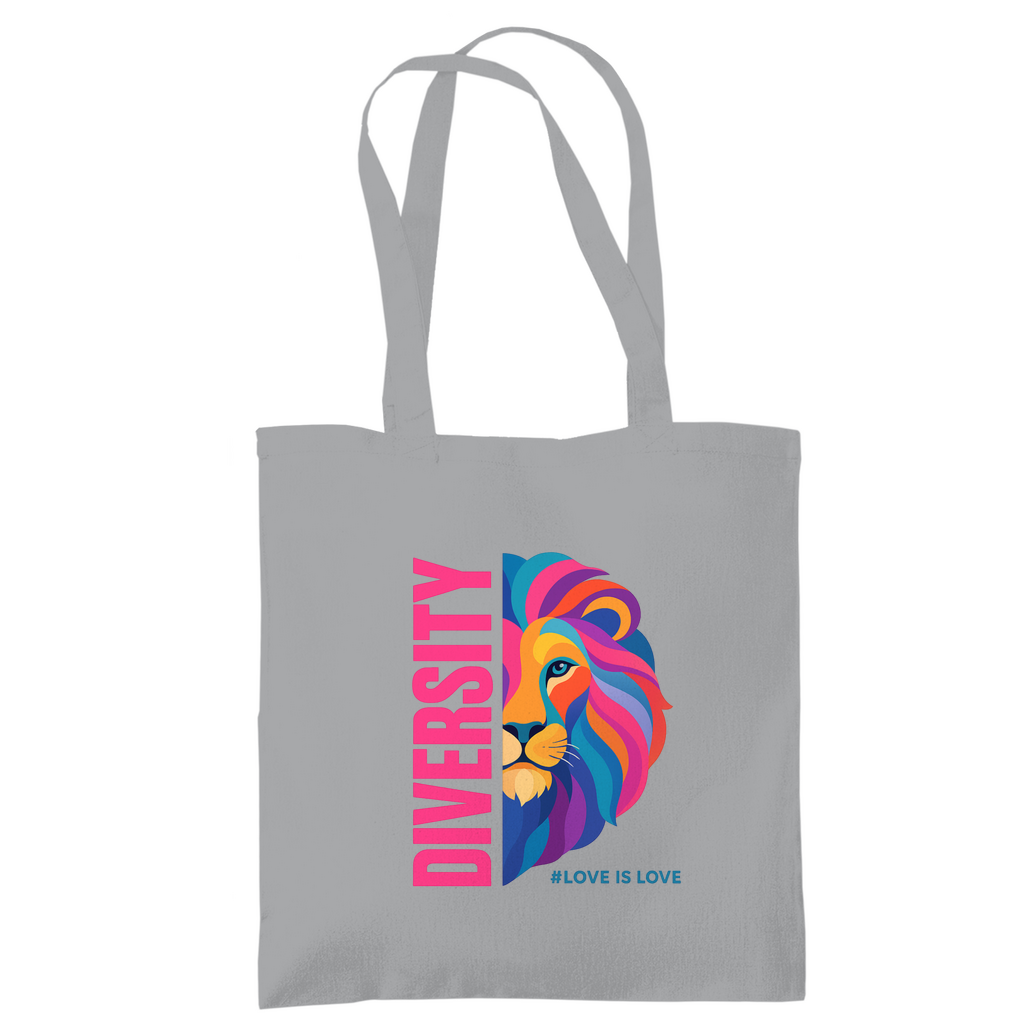 Jutebeutel mit Aufdruck DIVERSITY und Bild LION in knalligen Farben