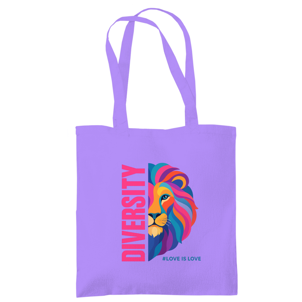 Jutebeutel mit Aufdruck DIVERSITY und Bild LION in knalligen Farben