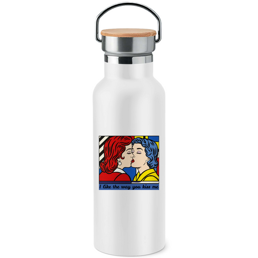 Edelstahl-Trinkflasche mit Bambusdeckel und Kuss Print im Stil von Roy Lichtenstein