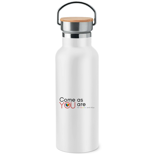 Edelstahl-Trinkflasche mit Bambusdeckel "Come as YOU are"