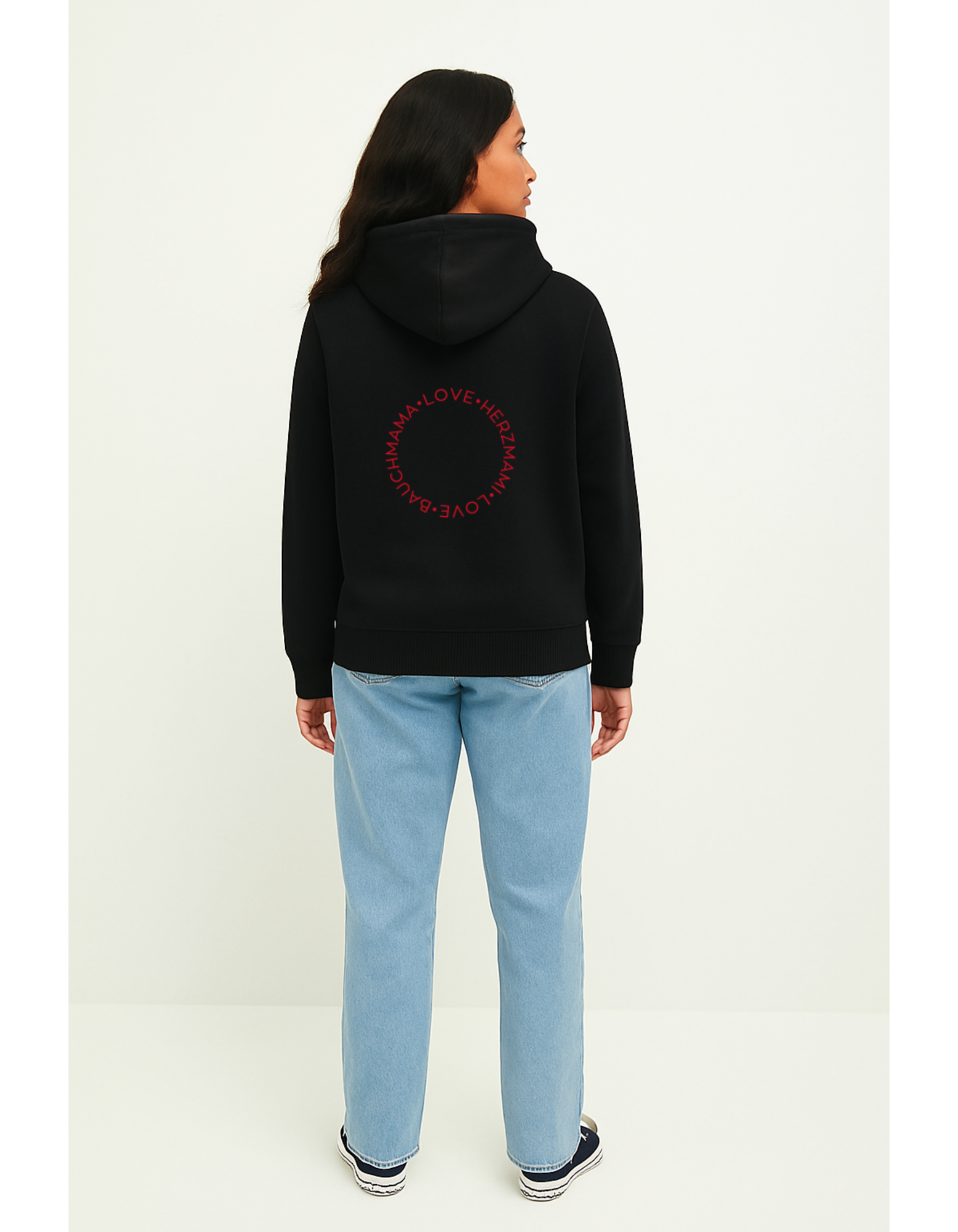 Schwarzer Hoodie Herzmama Bauchmami  Design rote Schrift auf dem Rücken