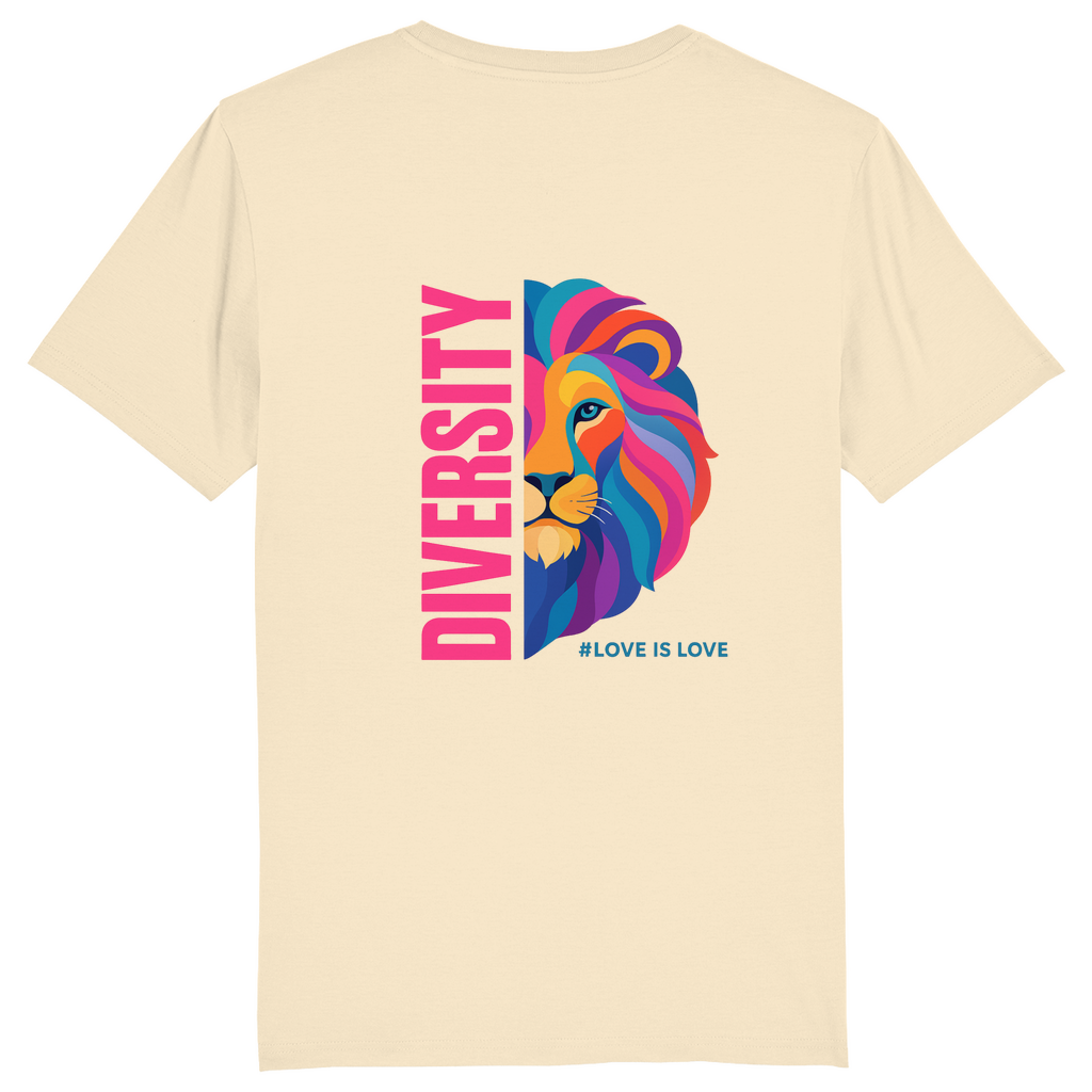 T-Shirt mit Aufdruck DIVERSITY und Bild LION in knalligen Farben 
