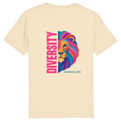 T-Shirt mit Aufdruck DIVERSITY und Bild LION in knalligen Farben 