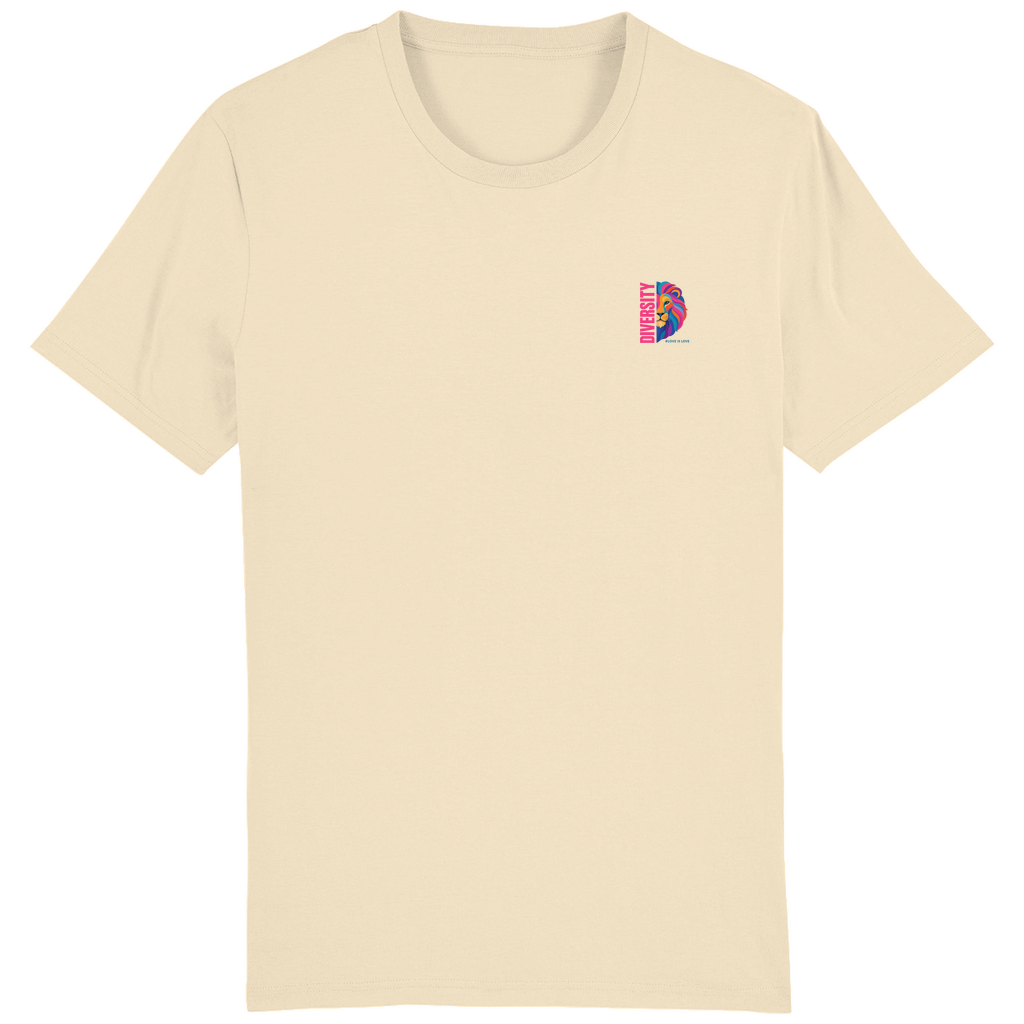 T-Shirt mit Aufdruck DIVERSITY und Bild LION in knalligen Farben  vorne