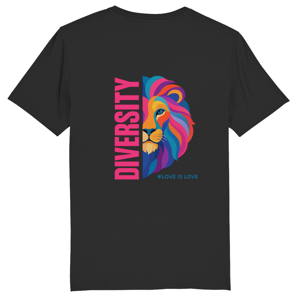 T-Shirt mit Aufdruck DIVERSITY und Bild LION in knalligen Farben 