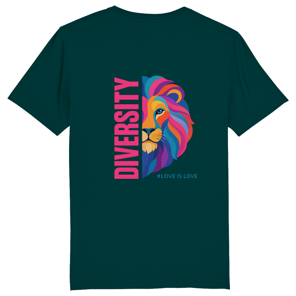 T-Shirt mit Aufdruck DIVERSITY und Bild LION in knalligen Farben hinten