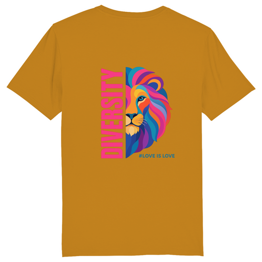 T-Shirt mit Aufdruck DIVERSITY und Bild LION in knalligen Farben 