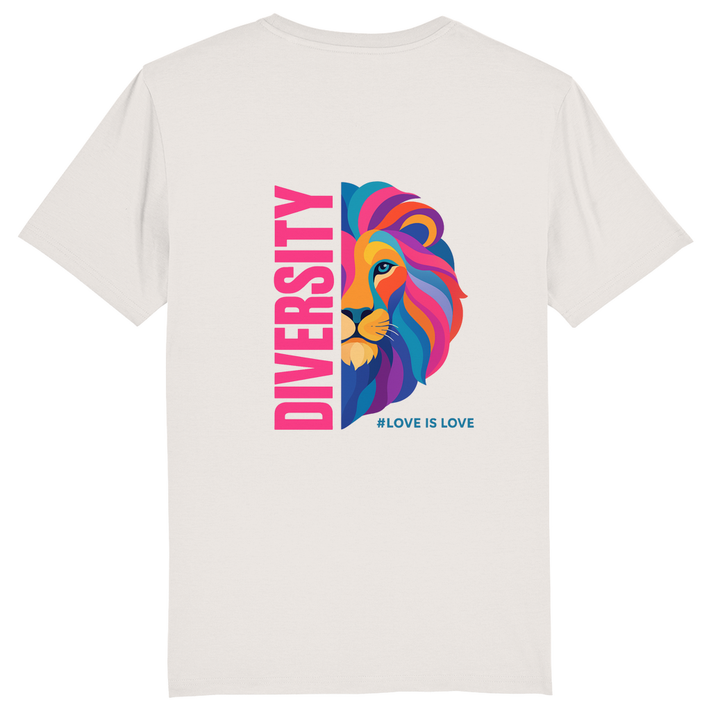 T-Shirt mit Aufdruck DIVERSITY und Bild LION in knalligen Farben 