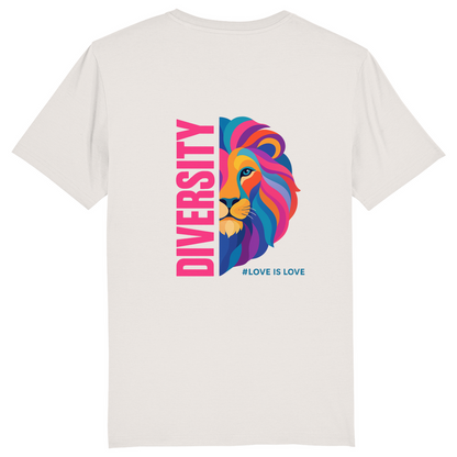 T-Shirt mit Aufdruck DIVERSITY und Bild LION in knalligen Farben 