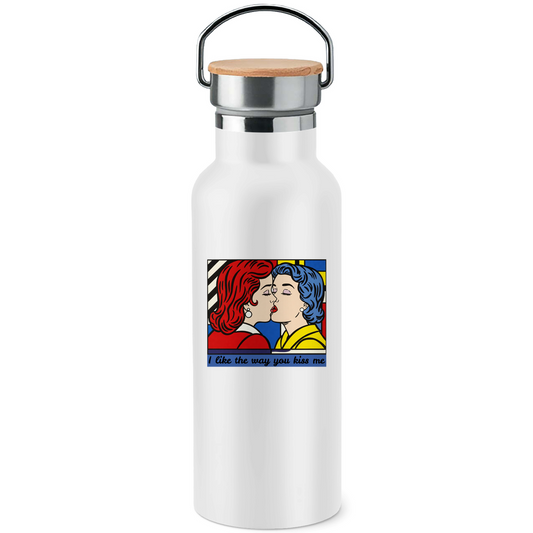 Edelstahl-Trinkflasche mit Kussprint im Stil von Roy Lichtenstein